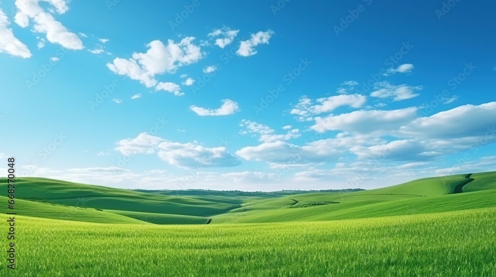 Fototapeta premium Natural Scenic Panorama Green Field with Blue Sky