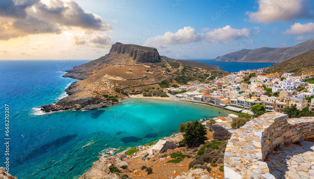 kapsali village and beach view from the top of castle of chora fortezza kythera island greece - obrazy, fototapety, plakaty 