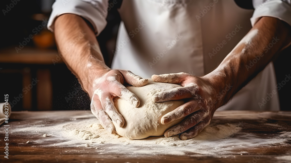 Gros plan sur les mains d'un boulanger en train de faire du pain.