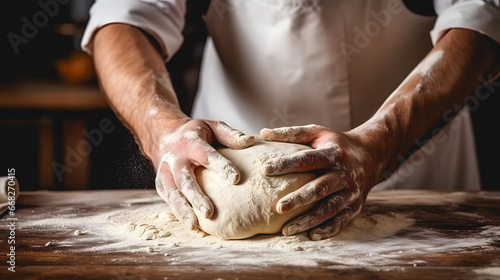Gros plan sur les mains d'un boulanger en train de faire du pain. photo