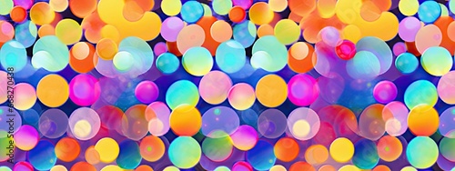 Seamless psychedelic rainbow disco polka dots pattern background texture. Trippy abstract glass refraction circles dopamine dressing fashion motif. Bright colorful neon wallpaper, retro backdrop