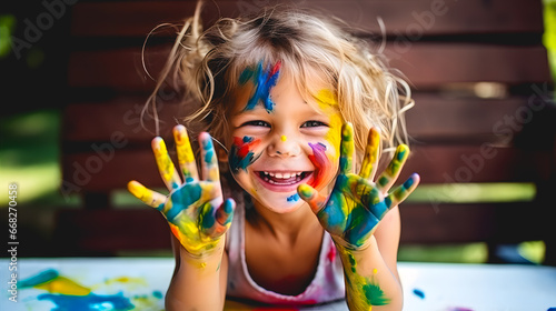 Une petite fille heureuse de faire de la peinture. photo