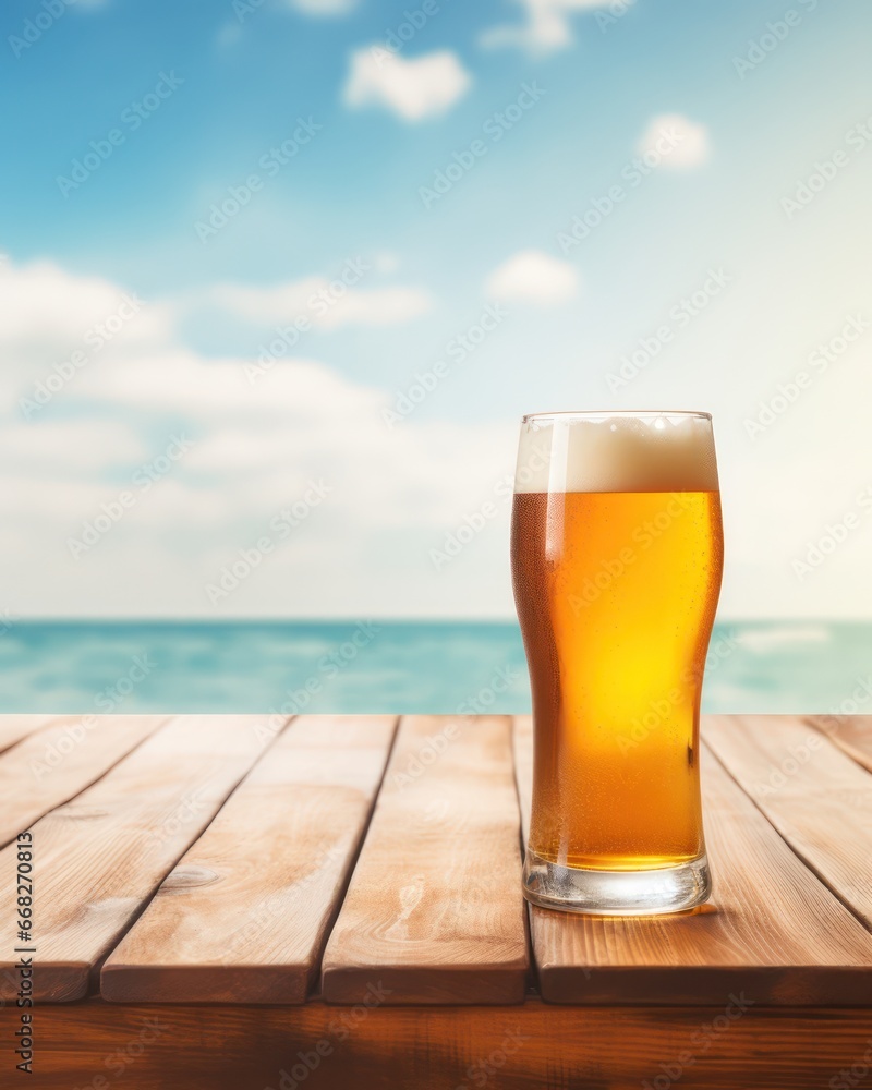 A cold glass of beer on wooden table on background of sea. A cold glass of beer on wooden table on background of sea.