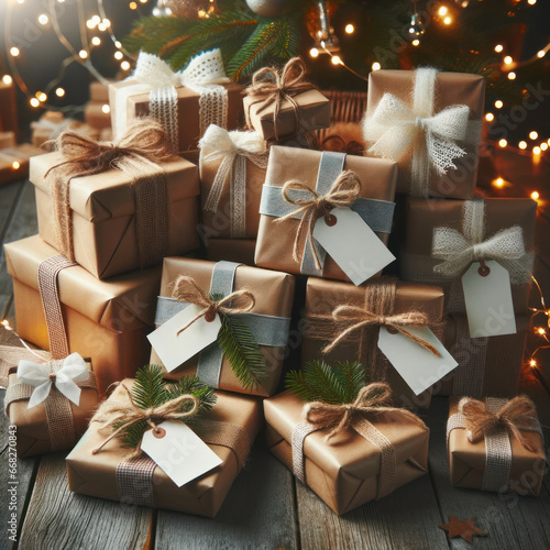 Photo of a pile of wrapped Christmas presents in various sizes with rustic bows and blank white tags, set against a festive backdrop of twinkling fairy lights.