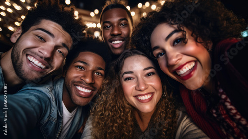 A group of multicultural friends taking new year selfie. Different sex and race smiling at the camera. 