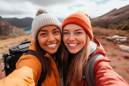 portrait of an affectionate young lesbian couple taking selfies while hiking in In nature