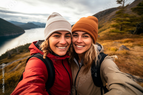 portrait of an affectionate young lesbian couple taking selfies while hiking in In nature