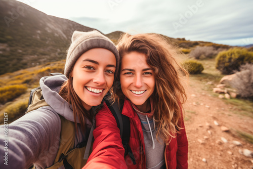 portrait of an affectionate young lesbian couple taking selfies while hiking in In nature © Enrique