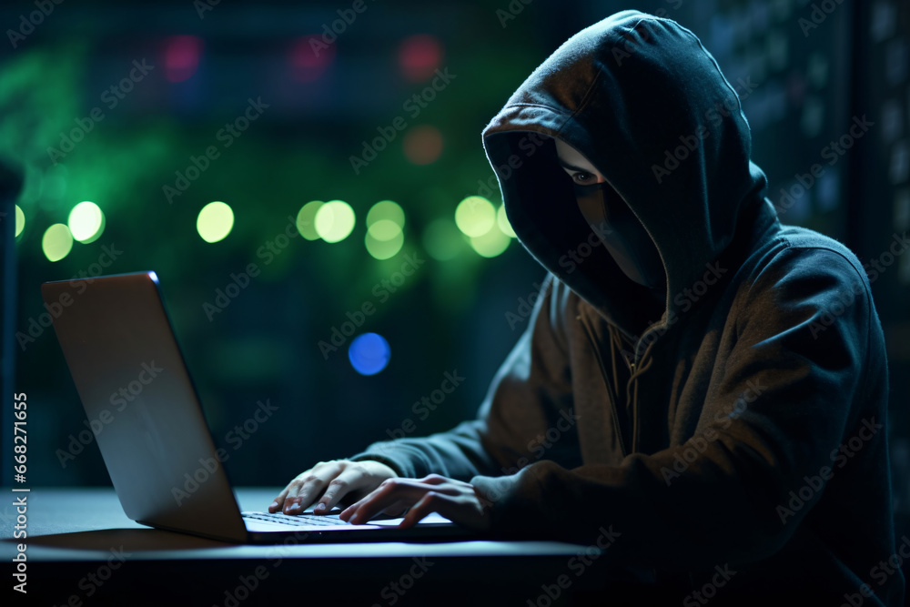 Faceless man behind laptop, hacker attack. AI generated. Faceless man behind laptop, hacker attack. AI generated.