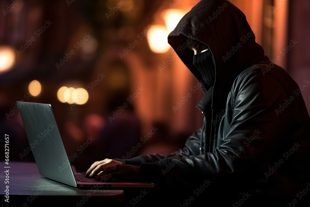 Faceless man behind laptop, hacker attack. AI generated. Faceless man behind laptop, hacker attack. AI generated.