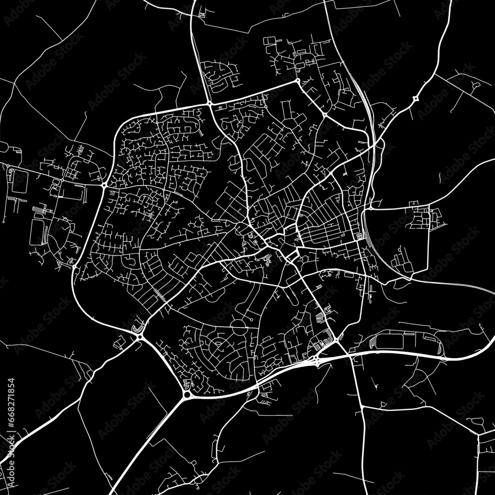 1:1 square aspect ratio vector road map of the city of  Wellingborough in the United Kingdom with white roads on a black background.