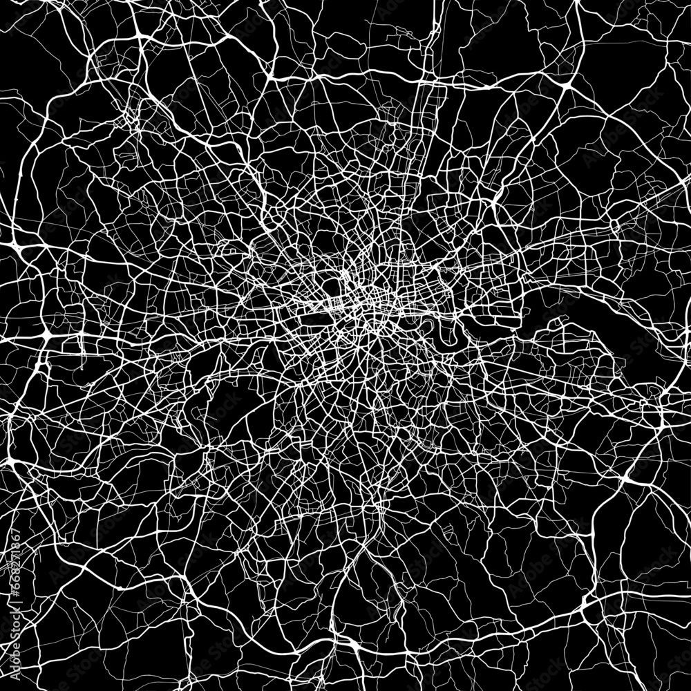 1:1 square aspect ratio vector road map of the city of  London Metro in the United Kingdom with white roads on a black background.
