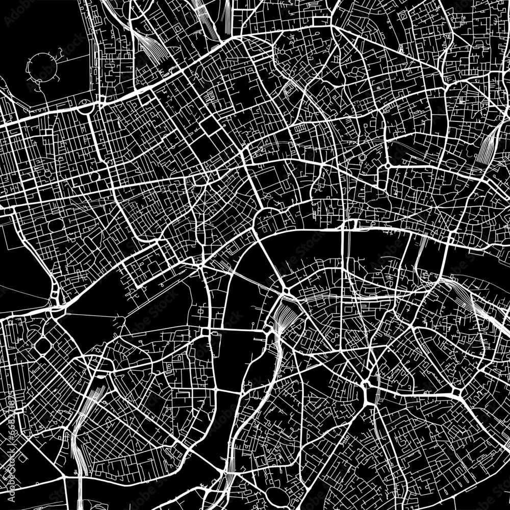 1:1 square aspect ratio vector road map of the city of  London Center in the United Kingdom with white roads on a black background.