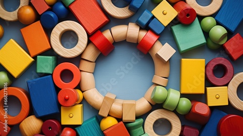 Baby kids toys frame on background, Toy many colorful educational wooden. play, Top view, executive function, kid, skill, education, intelligence quotient, emotional quotient, childhood, development