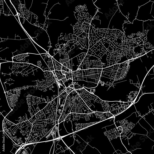 1:1 square aspect ratio vector road map of the city of  Bedford in the United Kingdom with white roads on a black background.