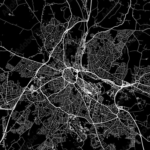 1:1 square aspect ratio vector road map of the city of Derby in the United Kingdom with white roads on a black background.