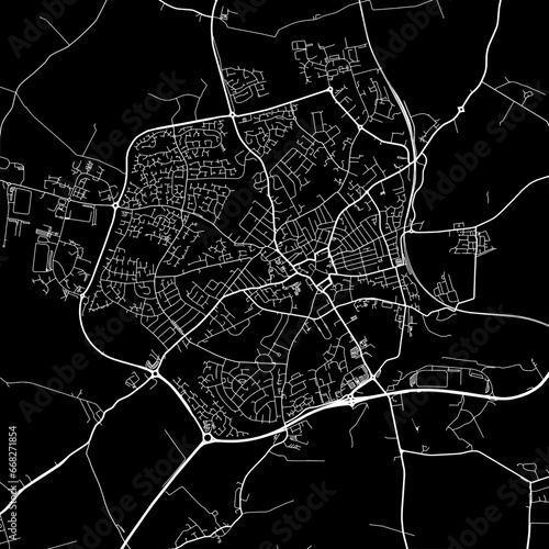 1:1 square aspect ratio vector road map of the city of Wellingborough in the United Kingdom with white roads on a black background.