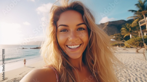 closeup shot of a good looking female tourist. Enjoy free time outdoors near the sea on the beach. Looking at the camera while relaxing on a clear day Poses for travel selfies smiling happy tropical © pinkrabbit
