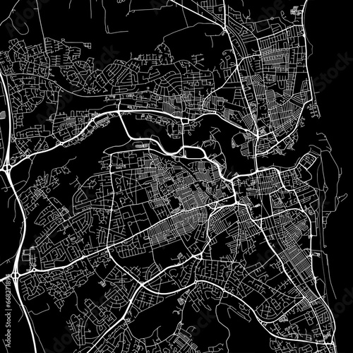 1:1 square aspect ratio vector road map of the city of  Sunderland in the United Kingdom with white roads on a black background.