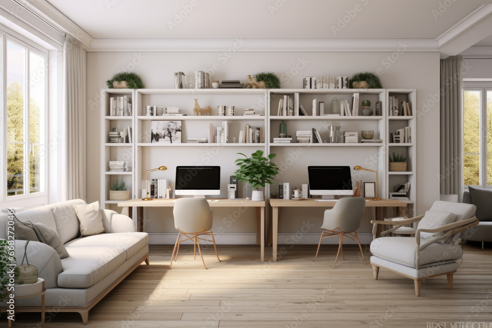 Modern home office in the living room, Convenient, comfortable, nice place to work, Remote work from home, Minimal interior decor design background. Modern home office in the living room, Convenient, comfortable, nice place to work, Remote work from home, Minimal interior decor design background.