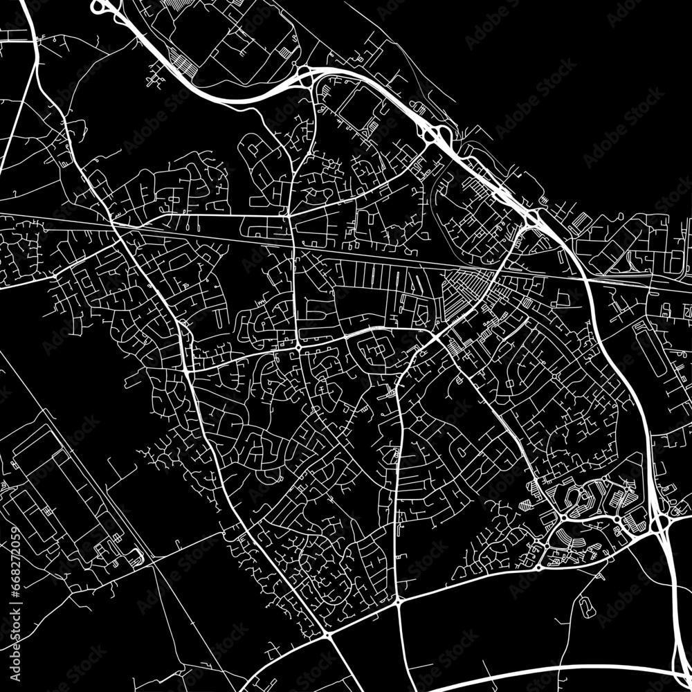 1:1 square aspect ratio vector road map of the city of  Ellesmere Port in the United Kingdom with white roads on a black background.