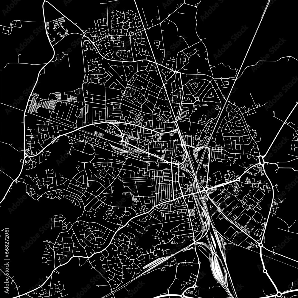 1:1 square aspect ratio vector road map of the city of  Crewe in the United Kingdom with white roads on a black background.