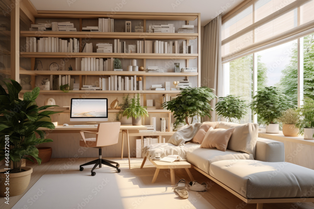 Modern home office in the living room, Convenient, comfortable, nice place to work, Remote work from home, Minimal interior decor design background. Modern home office in the living room, Convenient, comfortable, nice place to work, Remote work from home, Minimal interior decor design background.