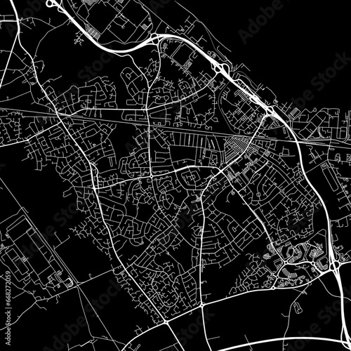 1:1 square aspect ratio vector road map of the city of Ellesmere Port in the United Kingdom with white roads on a black background.