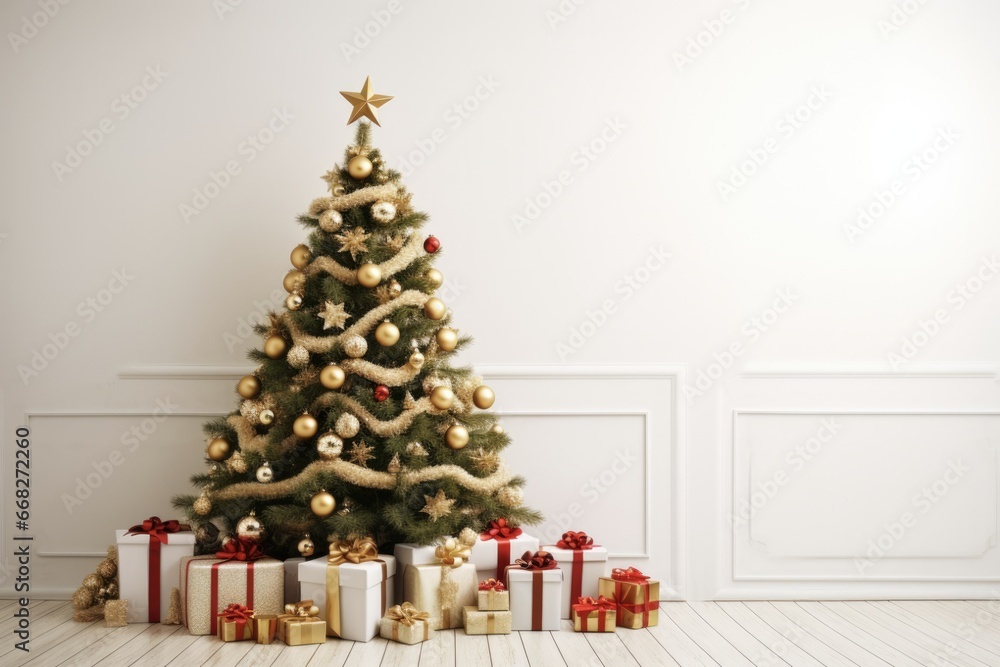 Christmas Tree Wall. Beautifully Decorated Tree with Shiny Baubles and Gifts on Wooden Floor. White Background and Ample Space for Text