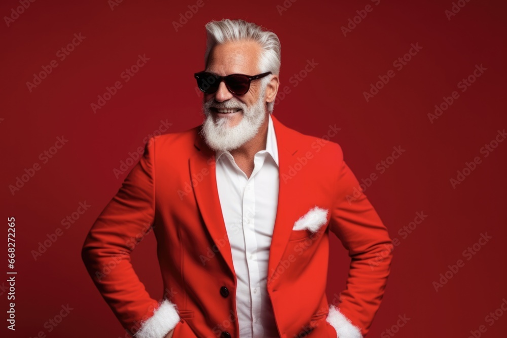Christmas Suit: Celebrate the Holidays in Style with a Festive Elderly Man Dancing in a Red Club Background Christmas Suit: Celebrate the Holidays in Style with a Festive Elderly Man Dancing in a Red Club Background