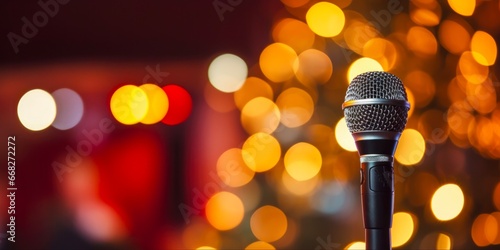 Christmas Stage: Microphone and Bokeh Lights on Holiday Concert Stage with Christmas Tree