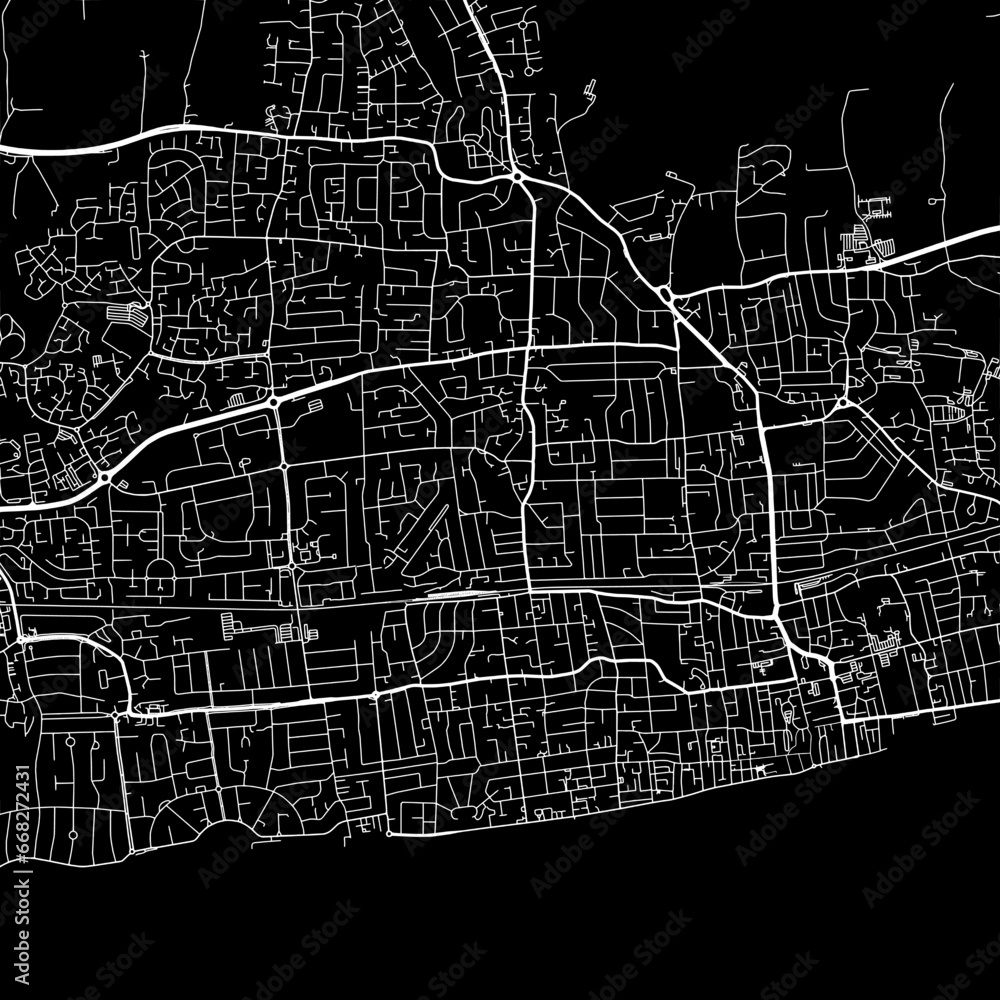 1:1 square aspect ratio vector road map of the city of  Worthing in the United Kingdom with white roads on a black background.