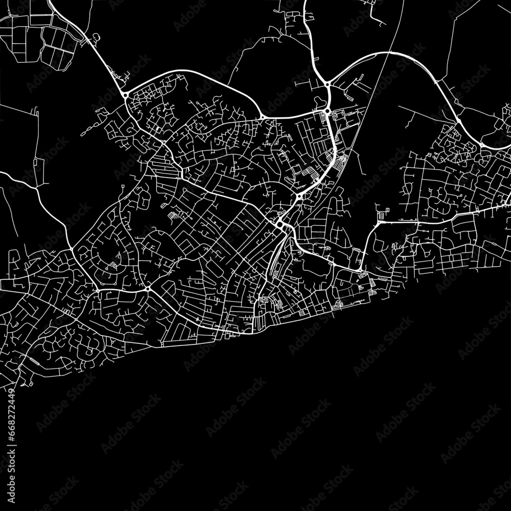 1:1 square aspect ratio vector road map of the city of  Bognor Regis in the United Kingdom with white roads on a black background.