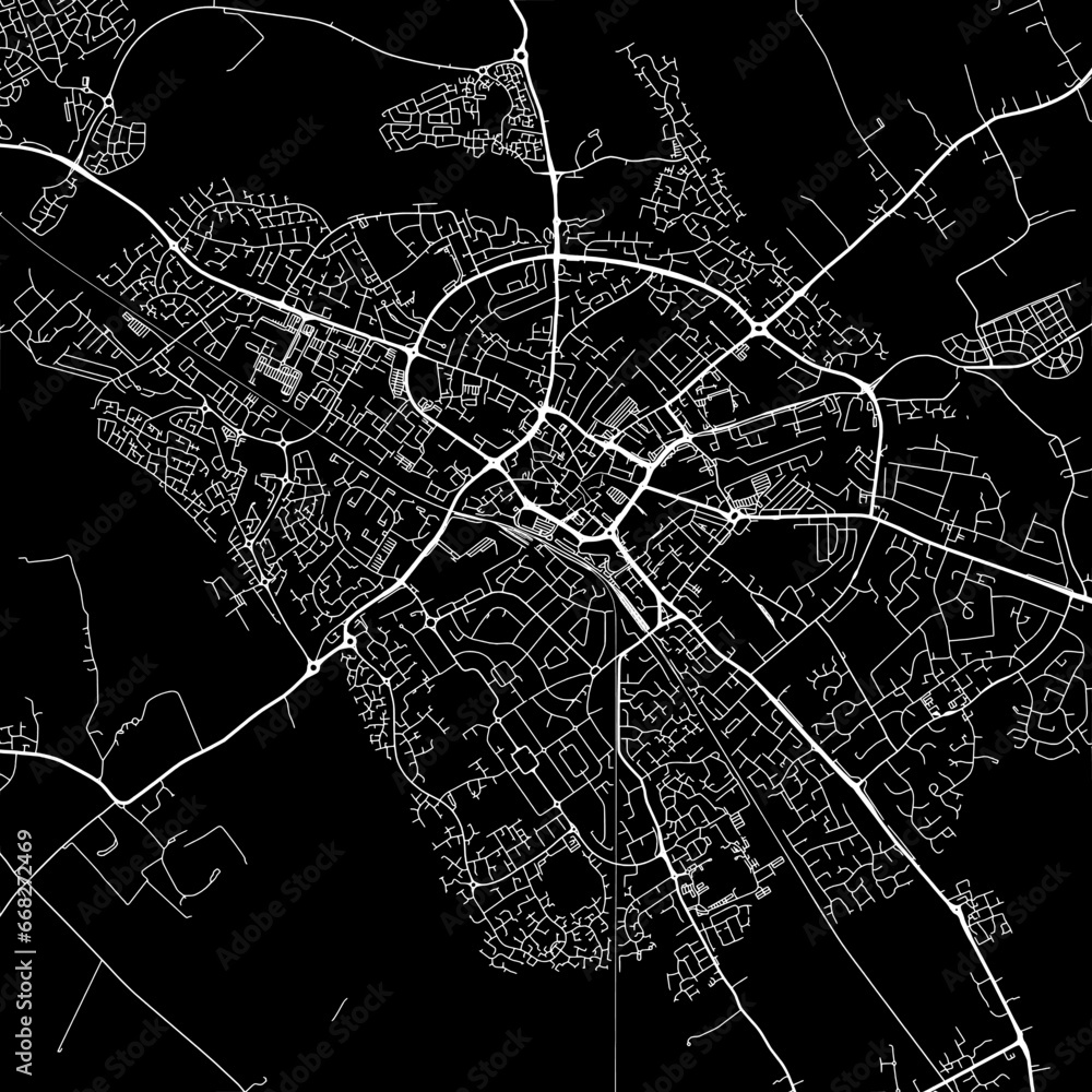 1:1 square aspect ratio vector road map of the city of  Aylesbury in the United Kingdom with white roads on a black background.