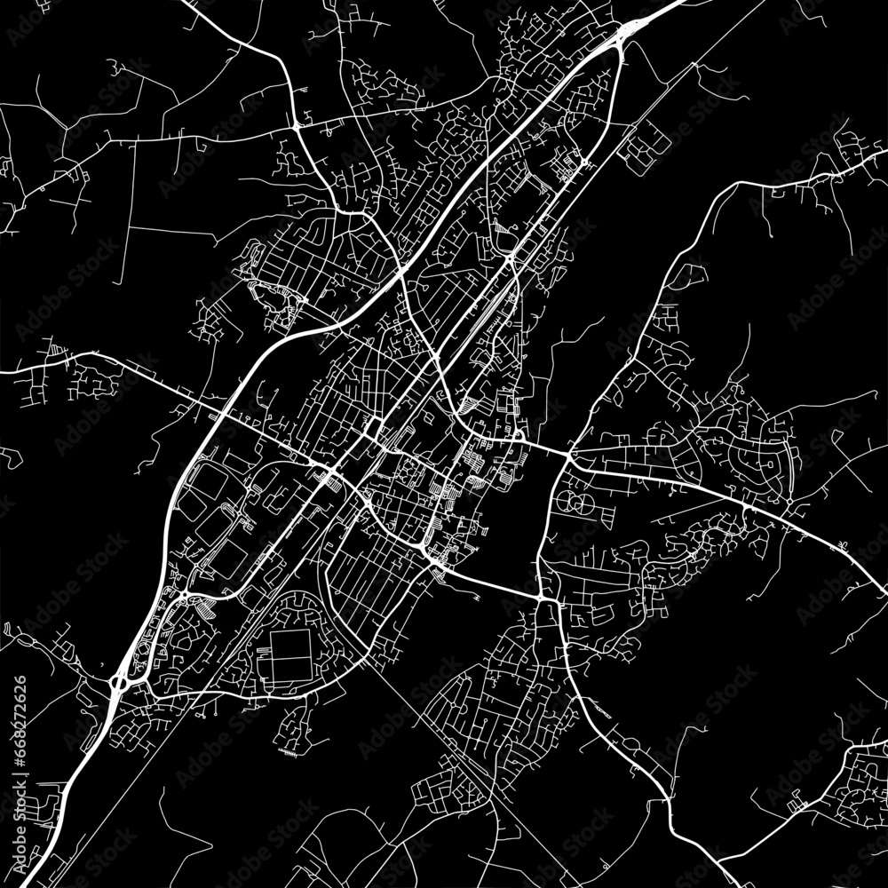 1:1 square aspect ratio vector road map of the city of  Burton-on-Trent in the United Kingdom with white roads on a black background.