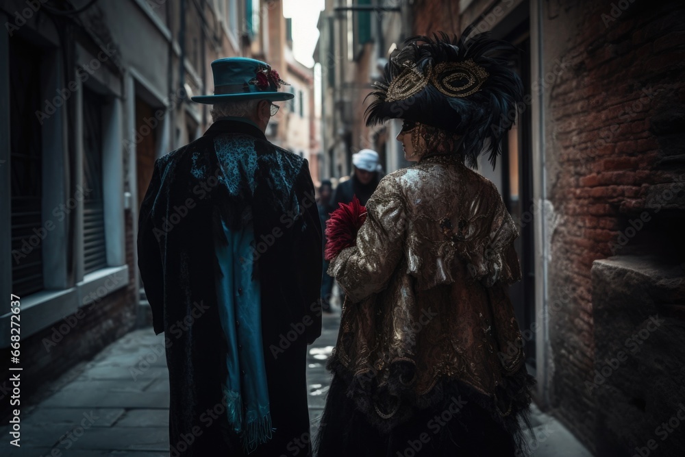 A candid shot of a couple wearing Venetian masks, engrossed in conversation while strolling through the narrow streets of Venice. The photo captures the spontaneity and joy of the Carnival atmosphere.