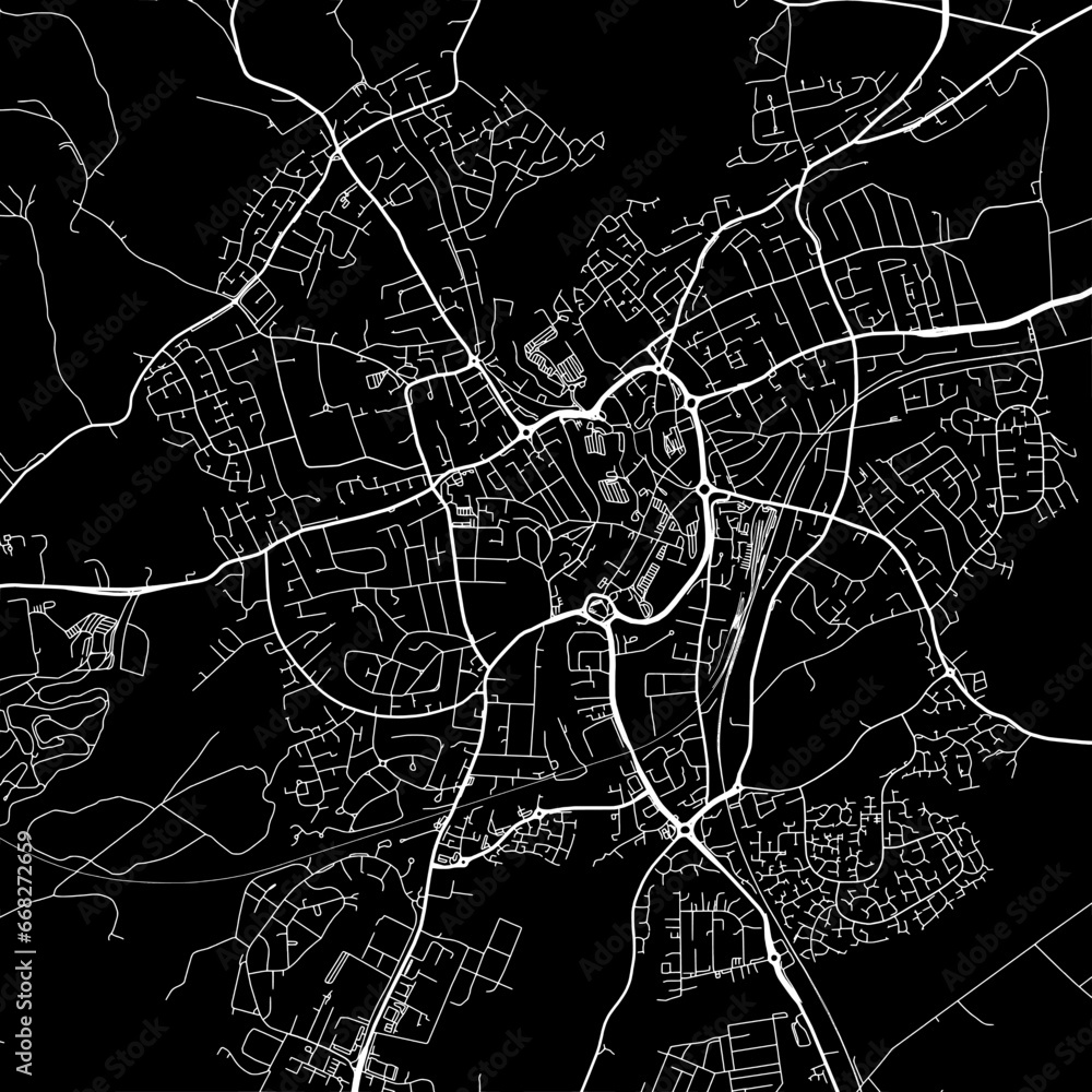 1:1 square aspect ratio vector road map of the city of  Kidderminster in the United Kingdom with white roads on a black background.