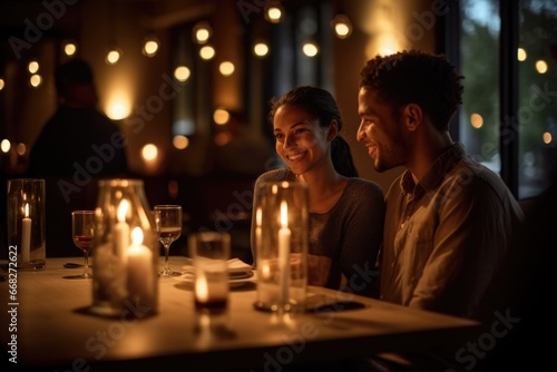 A candid shot of a couple enjoying a romantic candlelit dinner in a cozy restaurant. The soft, warm lighting adds to the intimate ambiance.