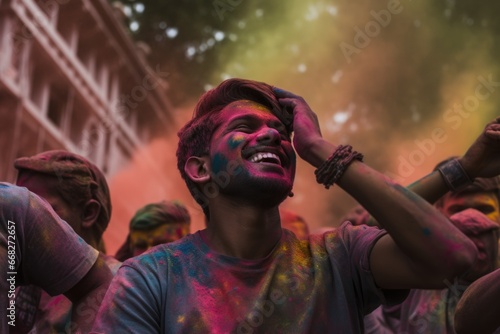 People throwing and smearing colored powders on each other during a Holi celebration. Dynamic action and expressions of joy. © Regina