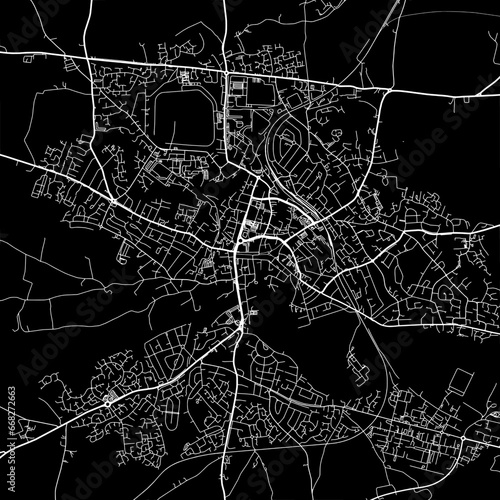 1:1 square aspect ratio vector road map of the city of  Hereford in the United Kingdom with white roads on a black background.