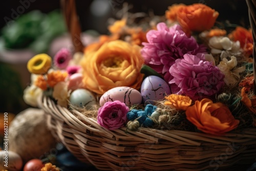 A decorated Easter basket filled with colorful flowers  showcasing the traditional elements of the holiday. Greeting Card.