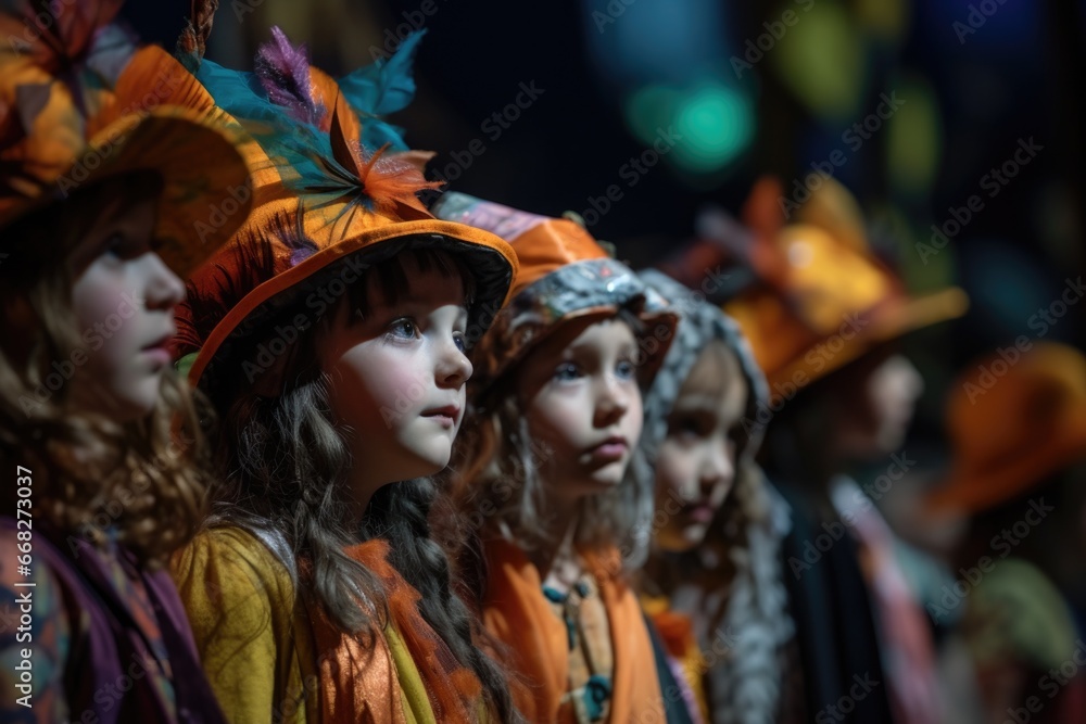 Children participating in a costume competition, showcasing their creative and imaginative outfits on stage. The anticipation and excitement of the event. 