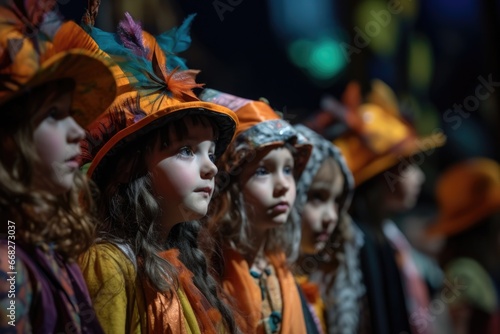 Children participating in a costume competition, showcasing their creative and imaginative outfits on stage. The anticipation and excitement of the event. 