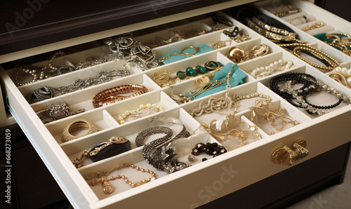 A drawer with compartments for jewelry ready for presentation in a jewelry store. AI generated