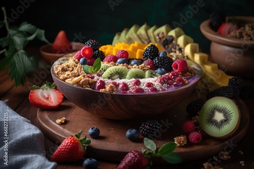 Smoothie bowl, topped with fresh fruits, granola, and coconut flakes. Healthy breakfast, fresh food.