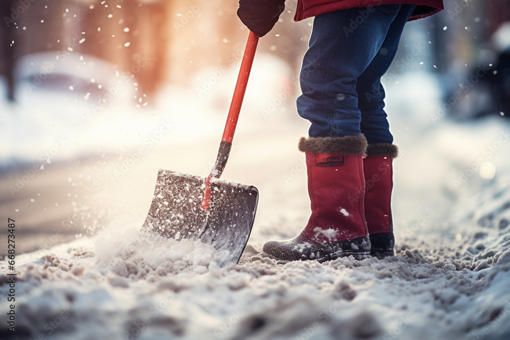 Obraz na płótnie Snow removal close-up: individual shoveling sidewalk w salonie