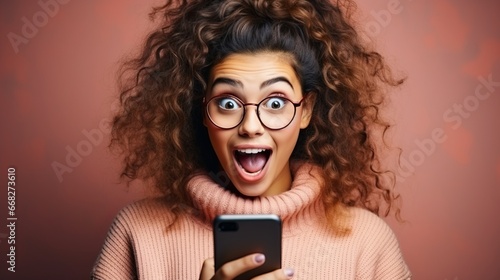 Young Woman Astonished by Smartphone Content. Woman with glasses reacts to surprising content on her phone.