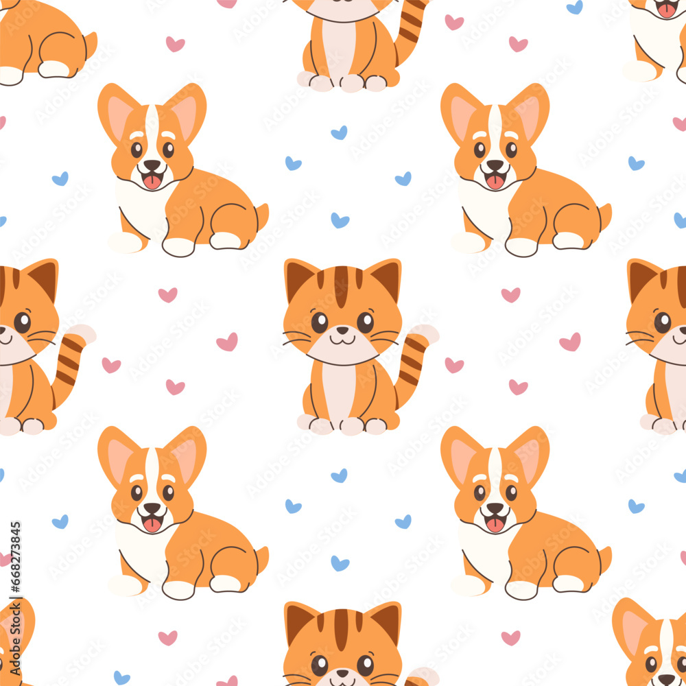 Seamless pattern pets, ginger corgi dog and kitty Seamless pattern pets, ginger corgi dog and kitty