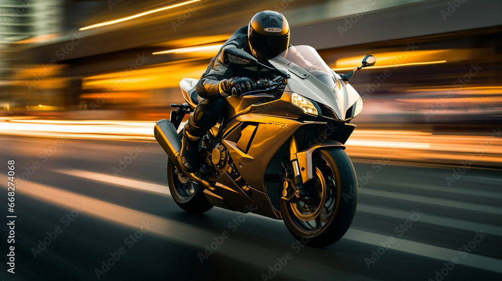 Sports motorcycle biker rider on blurred motion highway