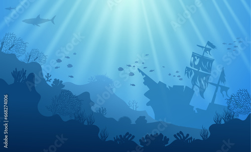 Underwater background with coral reef  ship and fishes. Vector illustration.